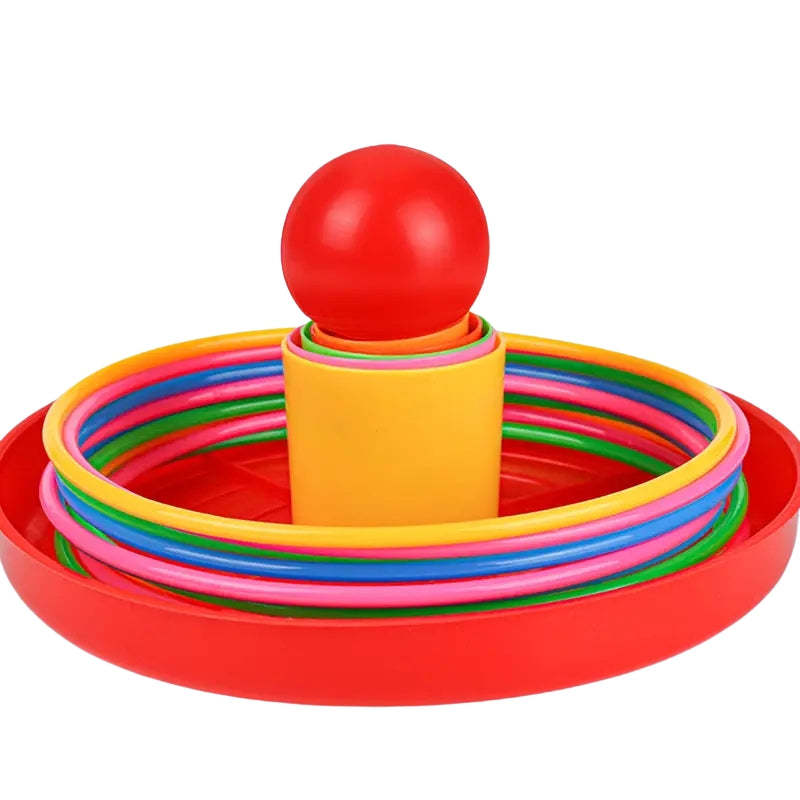 Rainbow-themed ring toss tower for children, designed for fun and skill-building activities.