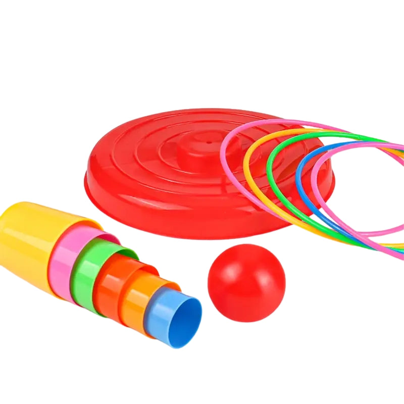 Brightly colored ring toss toy with multiple stacking rings on a red circular base.