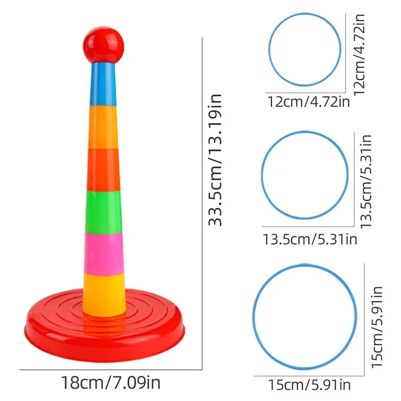 Children's ring toss tower in bold rainbow colors, perfect for indoor and outdoor play.