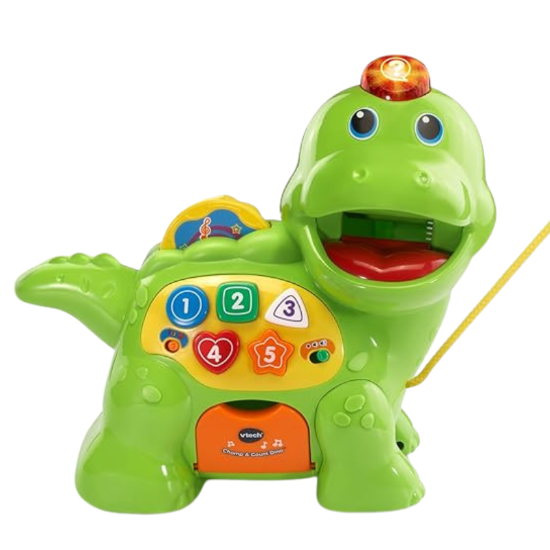 Interactive Chomp and Count Dino toy with colorful food pieces and shape buttons.