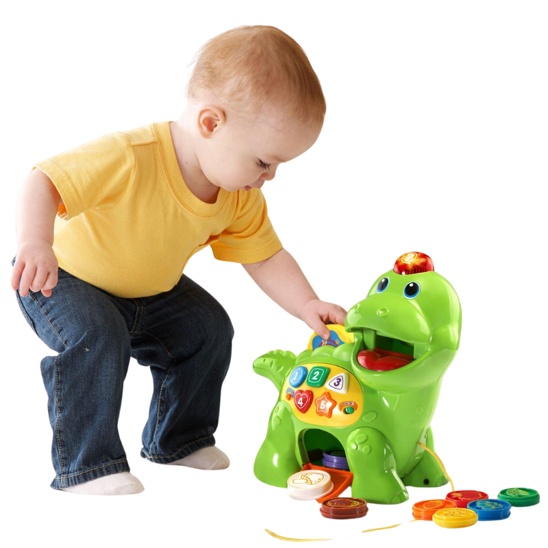 Educational dinosaur toy teaching toddlers colors, numbers, and shapes.